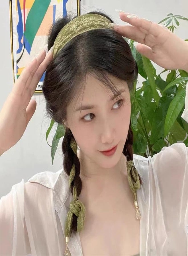Kefley Lace Bandana Headbands Long Head Scarf for Braids Green Floral Hair Ribbon Headscarf Headpiece Head Wrap French Headband Edge Wrap Scarves Neckerchief Lace Styling Hair Accessories for Women Girls - Image 2